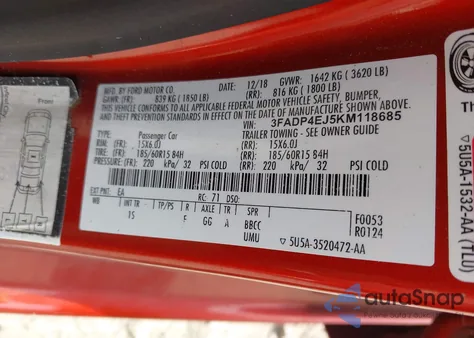 2019 Ford Fiesta Se z USA, uszkodzony, nr VIN 3FADP4EJ5KM118685